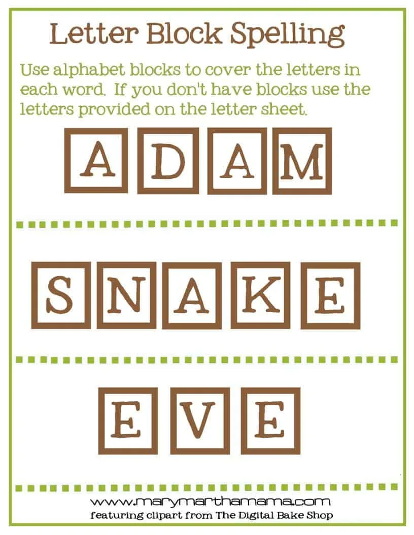 Adam and Eve letter block spelling