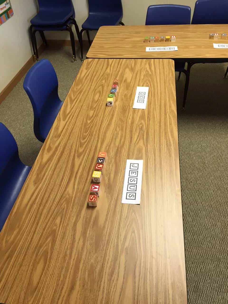 letter block activity set up on tables