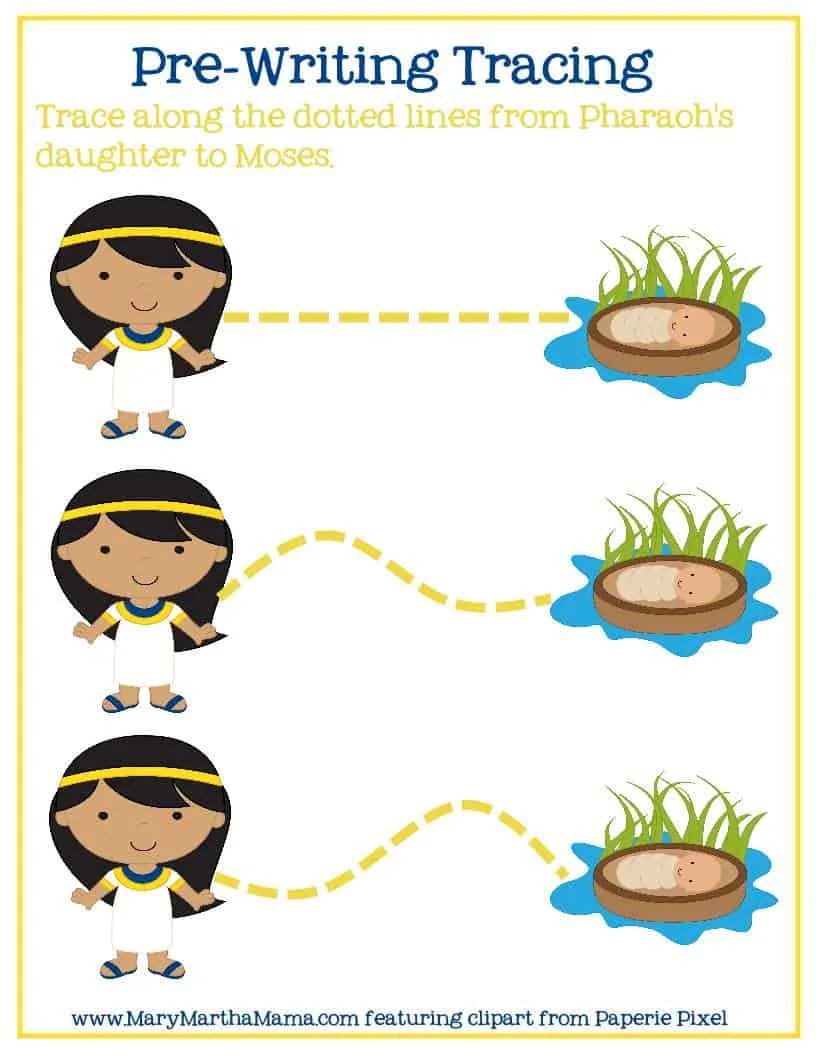 pre-writing tracing page from the baby Moses activities pack
