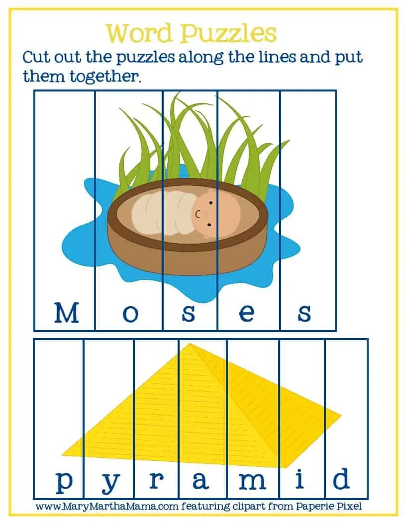word puzzles featuring words and graphics from the Baby Moses activities pack