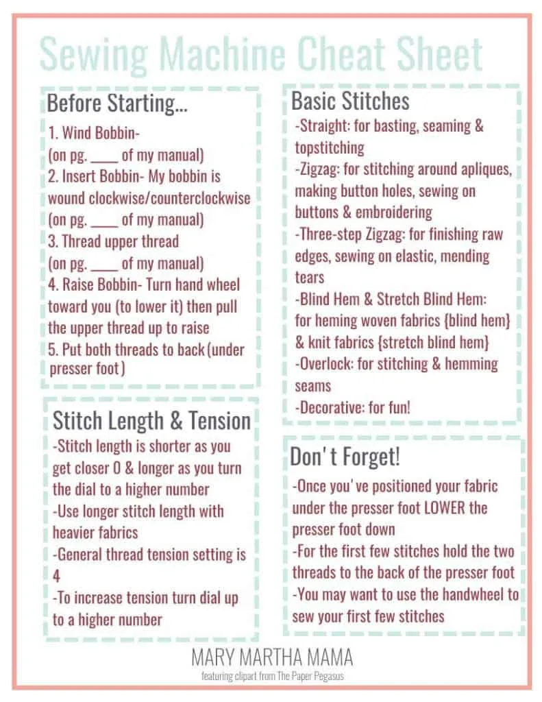 sewing machine cheat sheet