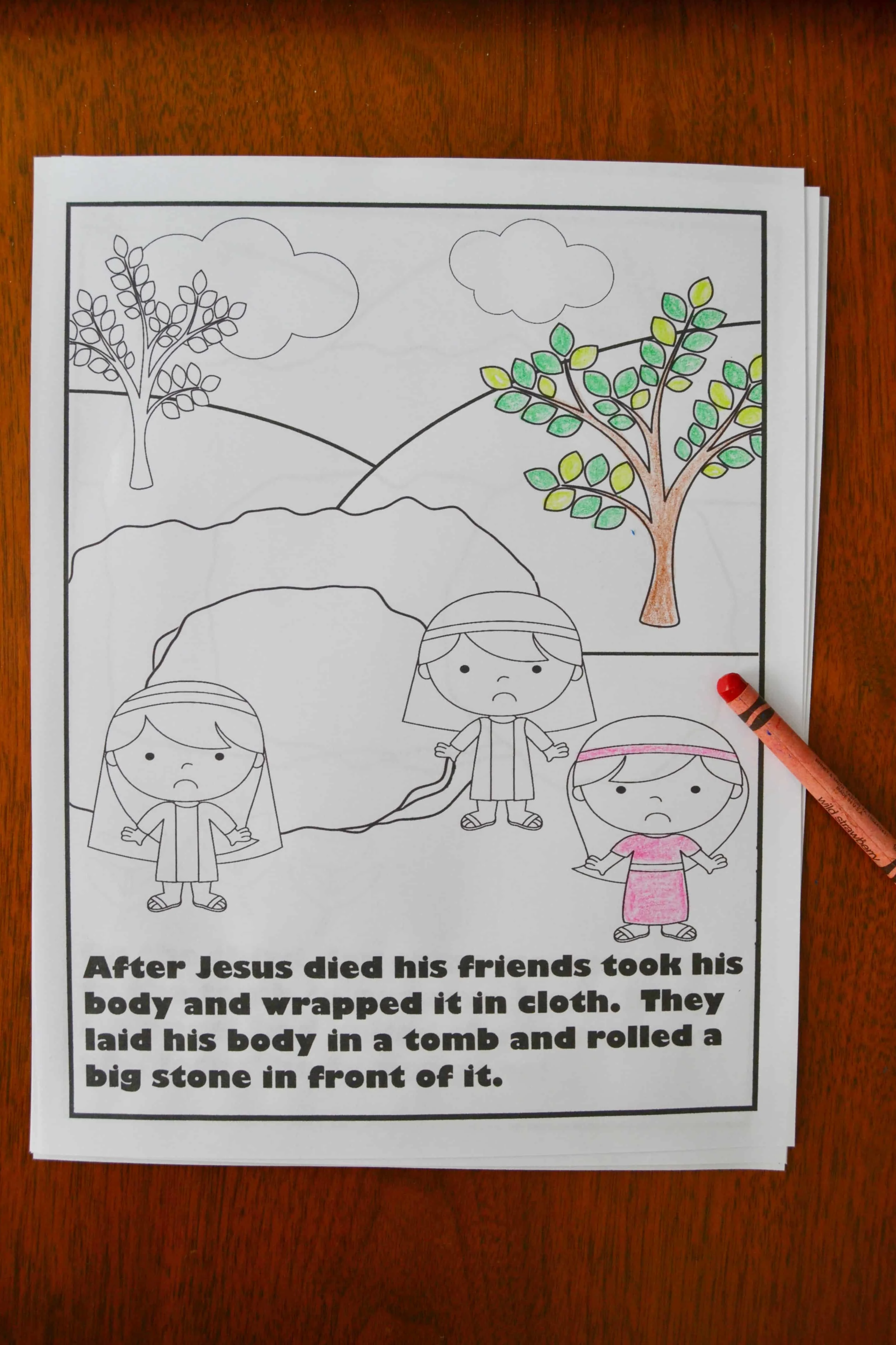 picture of one of the religious Easter coloring pages where Jesus' friends take his body to the tomb