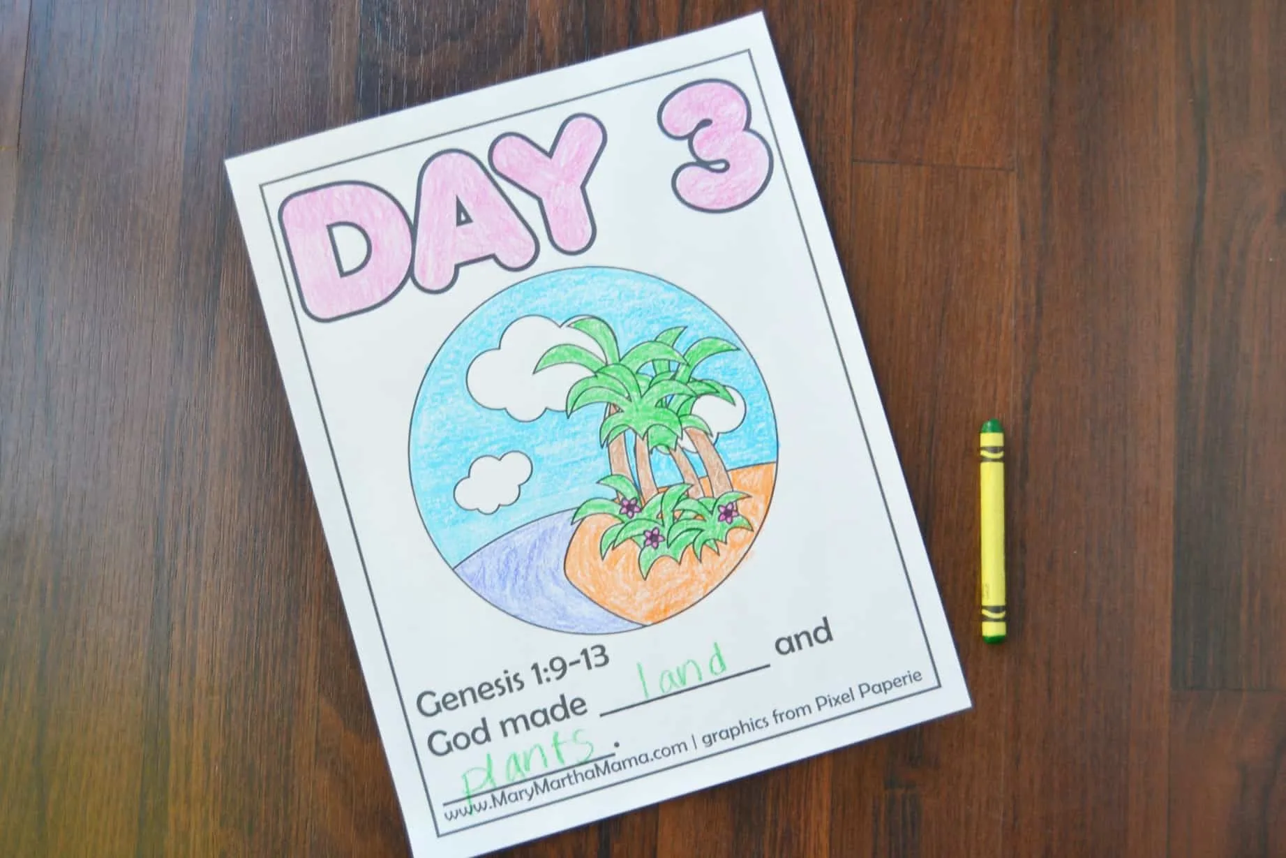 creation coloring pages day 3 page with Bible verse and picture to color