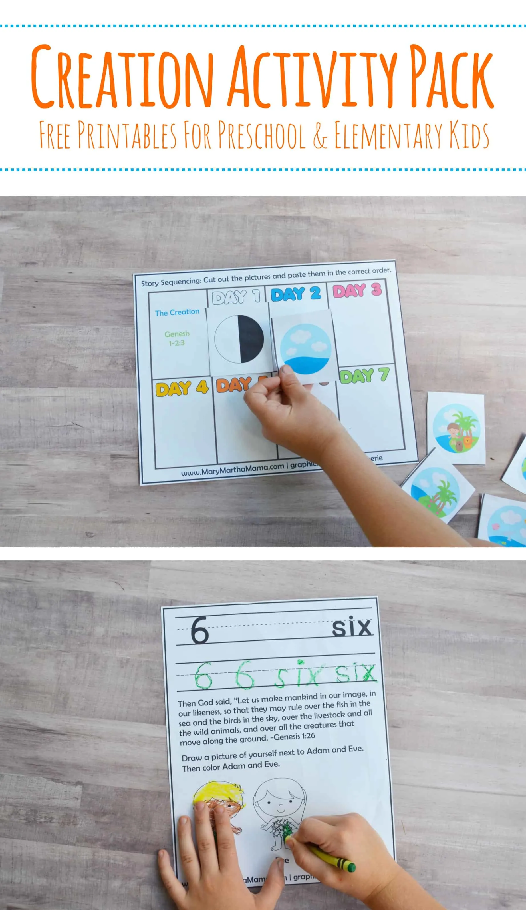 Use these free creation story for kids printables to help teach preschool and elementary aged children learn the creation story from the Bible. #creationstoryforkids #creationactivitypack