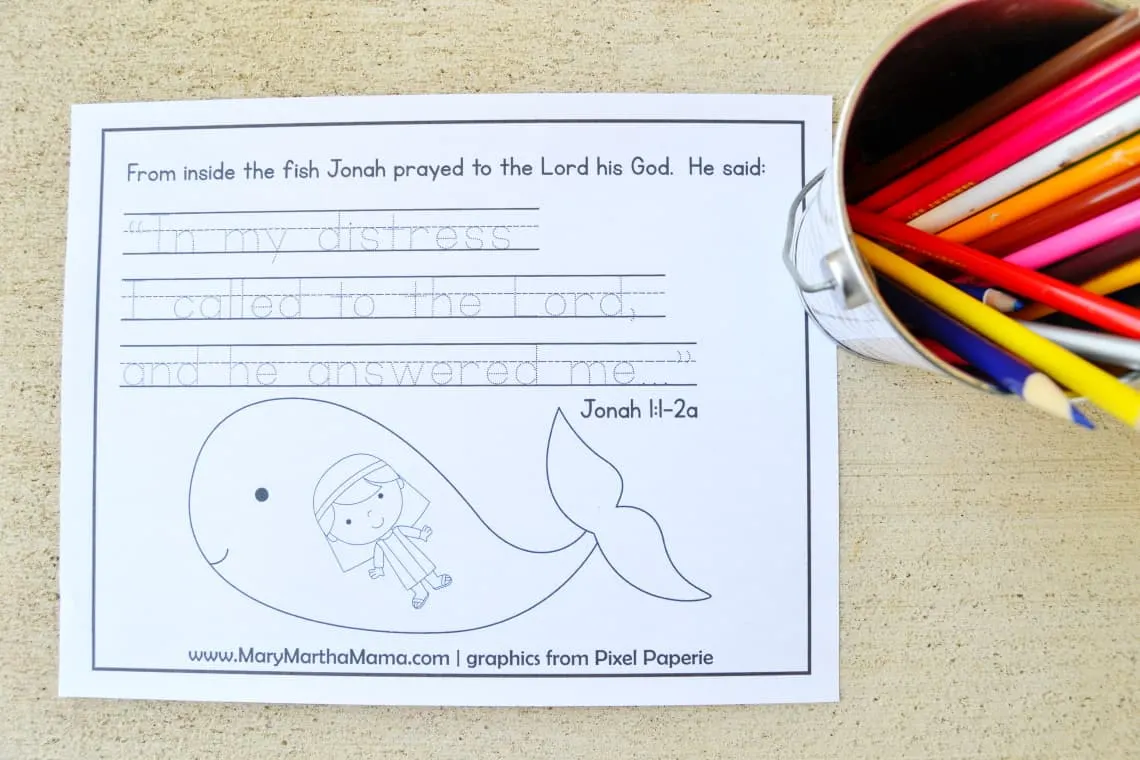Jonah and the Whale Activities page sitting on a table with some pencils