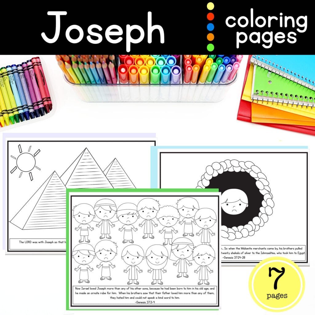 Jospeh coloring pages on top of table with coloring supplies