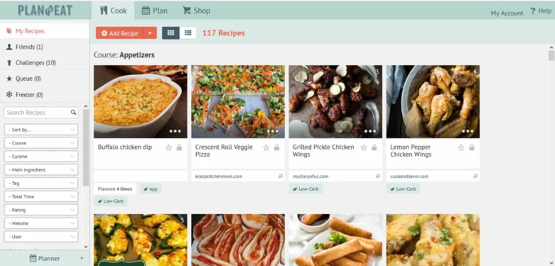 how to meal plan- screenshot of meal planning website plan to eat