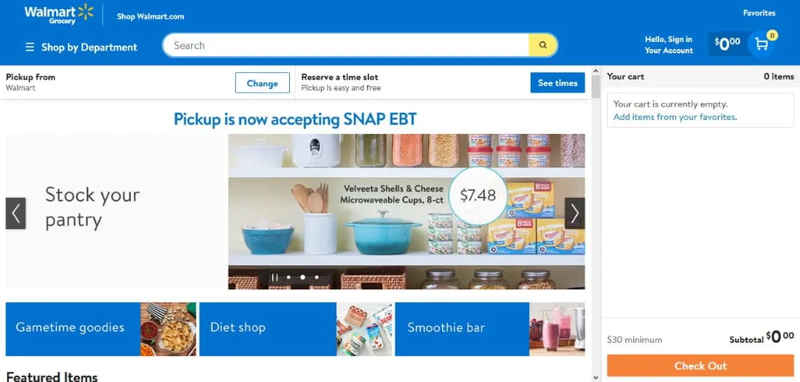 screenshot of the walmart grocery ordering page