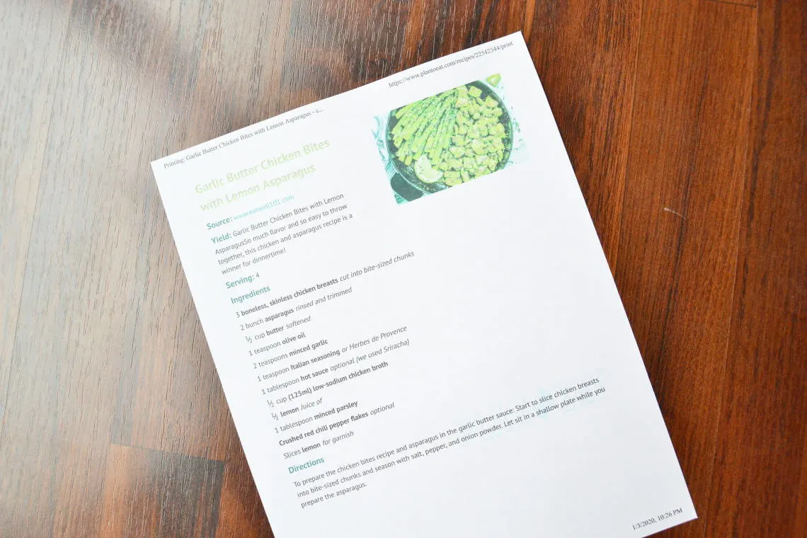 the recipe printed out onto paper