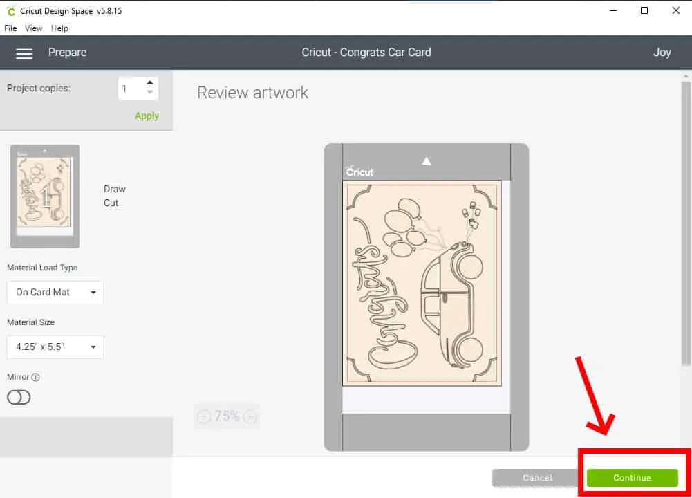 Design Space Screen Shot showing how to continue