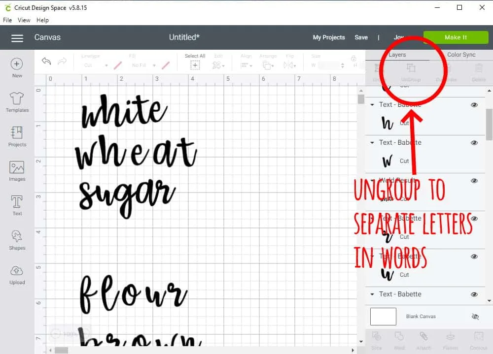 Design Space Screen Shot showing how to ungroup letters in words