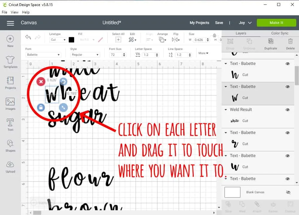 Design Space Screen Shot showing how to make letters in word touch