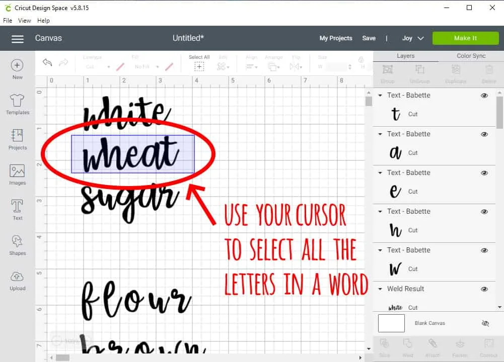Design Space Screen Shot showing how to weld letters together
