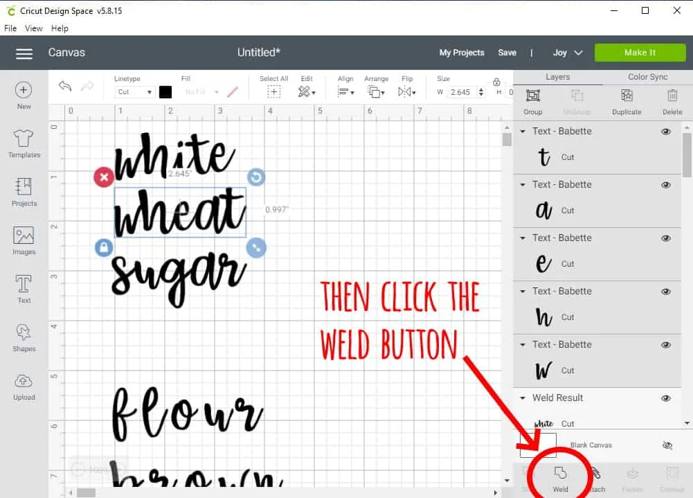 Design Space Screen Shot showing how to weld letters together