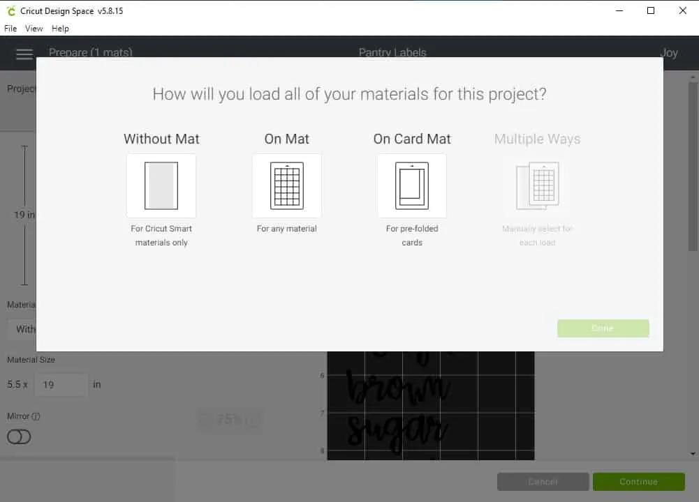 Design Space Screen Shot showing how to select materials