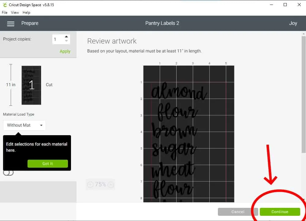 Design Space Screen Shot showing how to continue project