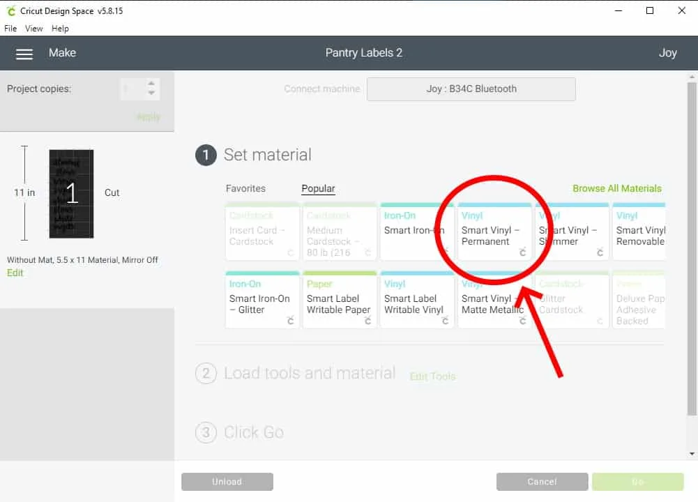 Design Space Screen Shot showing how to select material