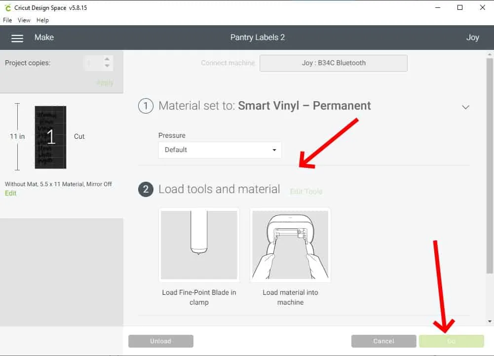 Design Space Screen Shot showing how to select and load tools and material
