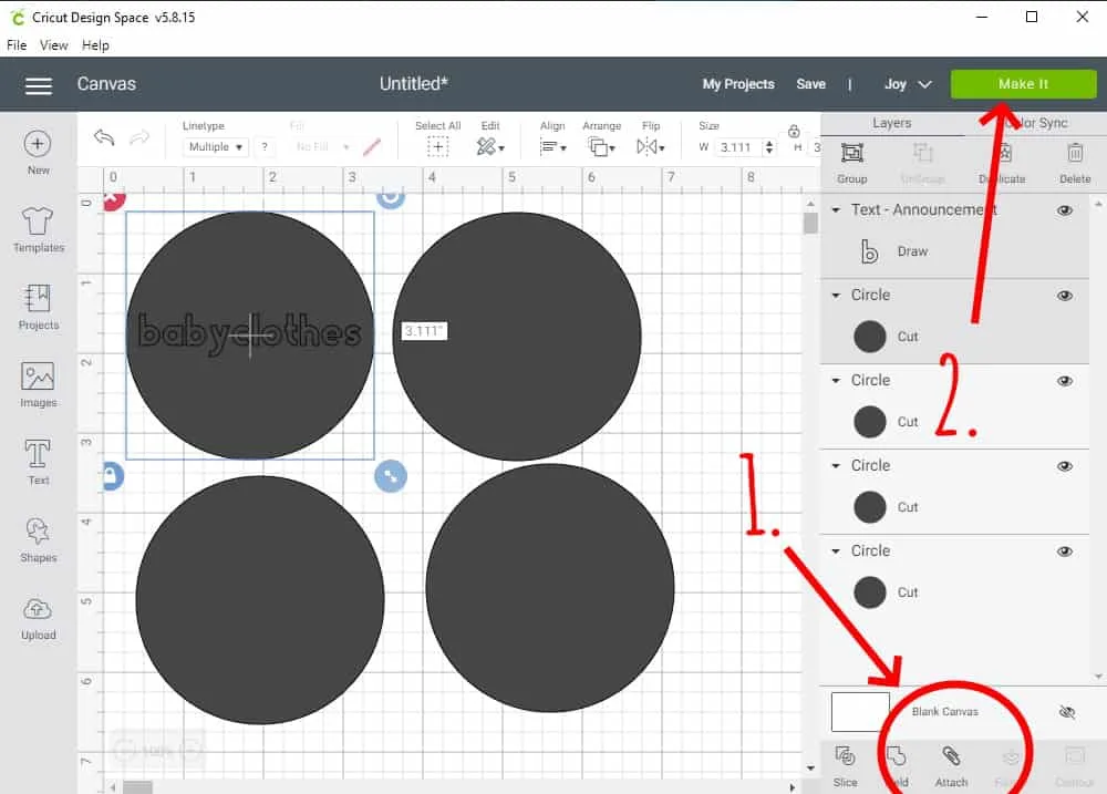 Design Space Screen Shot showing how to attach the words to the circles