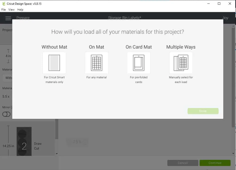 Design Space Screen Shot showing how to select mat or no mat