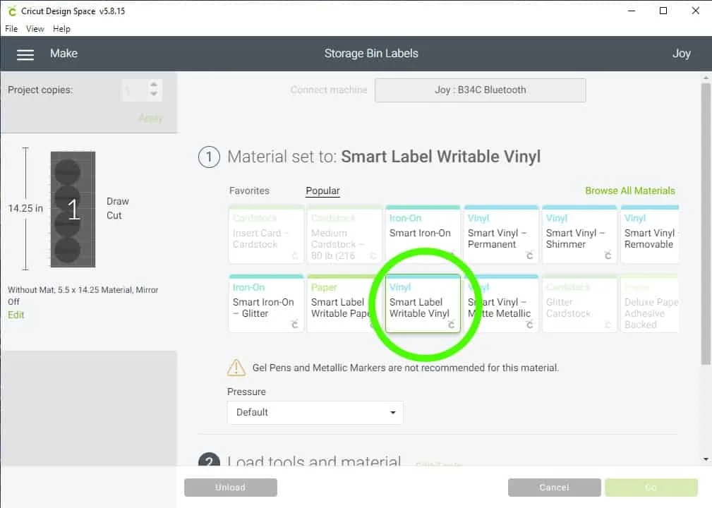 Design Space Screen Shot showing how to choose material