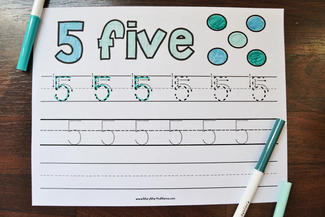 Number 5 Tracing Worksheet partially colored in
