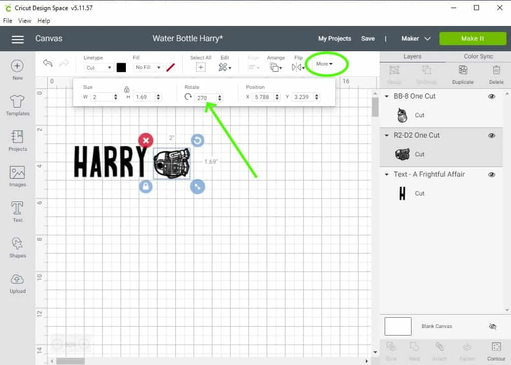 screenshot of Design Space showing how to rotate the graphic