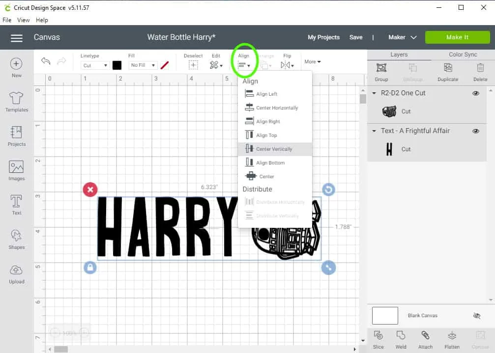 screenshot of Design Space showing where to align the text and graphic