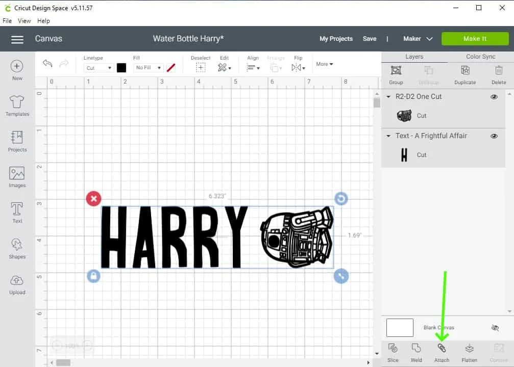 a screenshot of Design Space showing how to attach the graphic and text