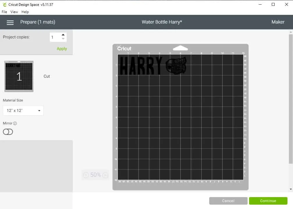 screenshot of Design Space showing where the vinyl will be cut on the mat