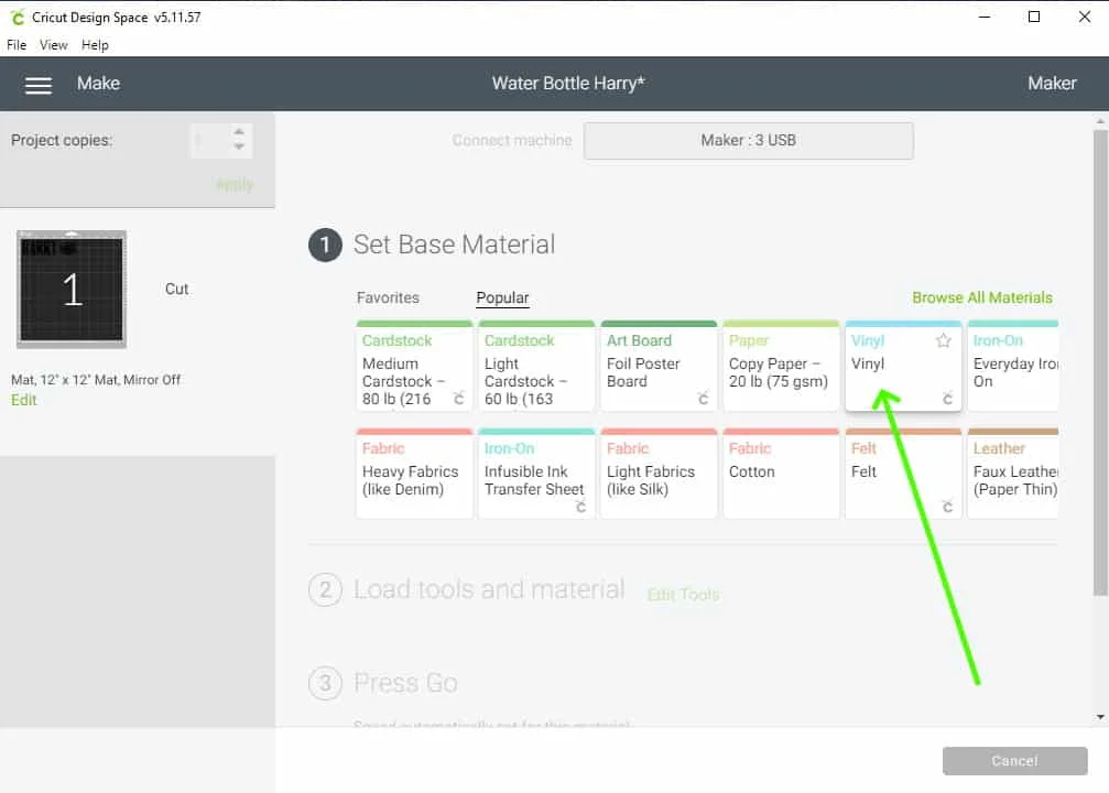screenshot of Design Space showing how to select the material