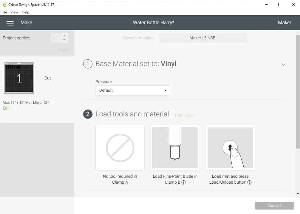 screenshot showing the steps to loading the correct tools and mat