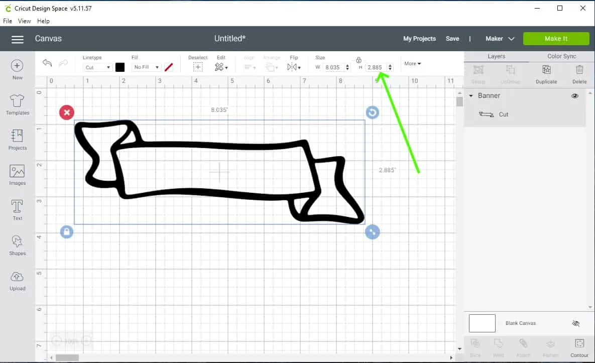 screenshot with an arrow showing where to adjust the size of the graphic