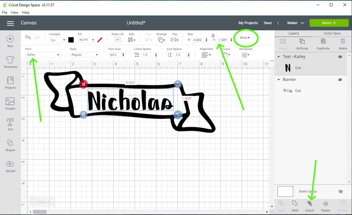 Arrows on the screenshot of Design Space showing where to adjust the font, font size, and the button to attach the graphic and font