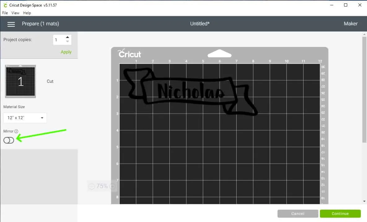 a screenshot of Design Space showing where the mirror button is