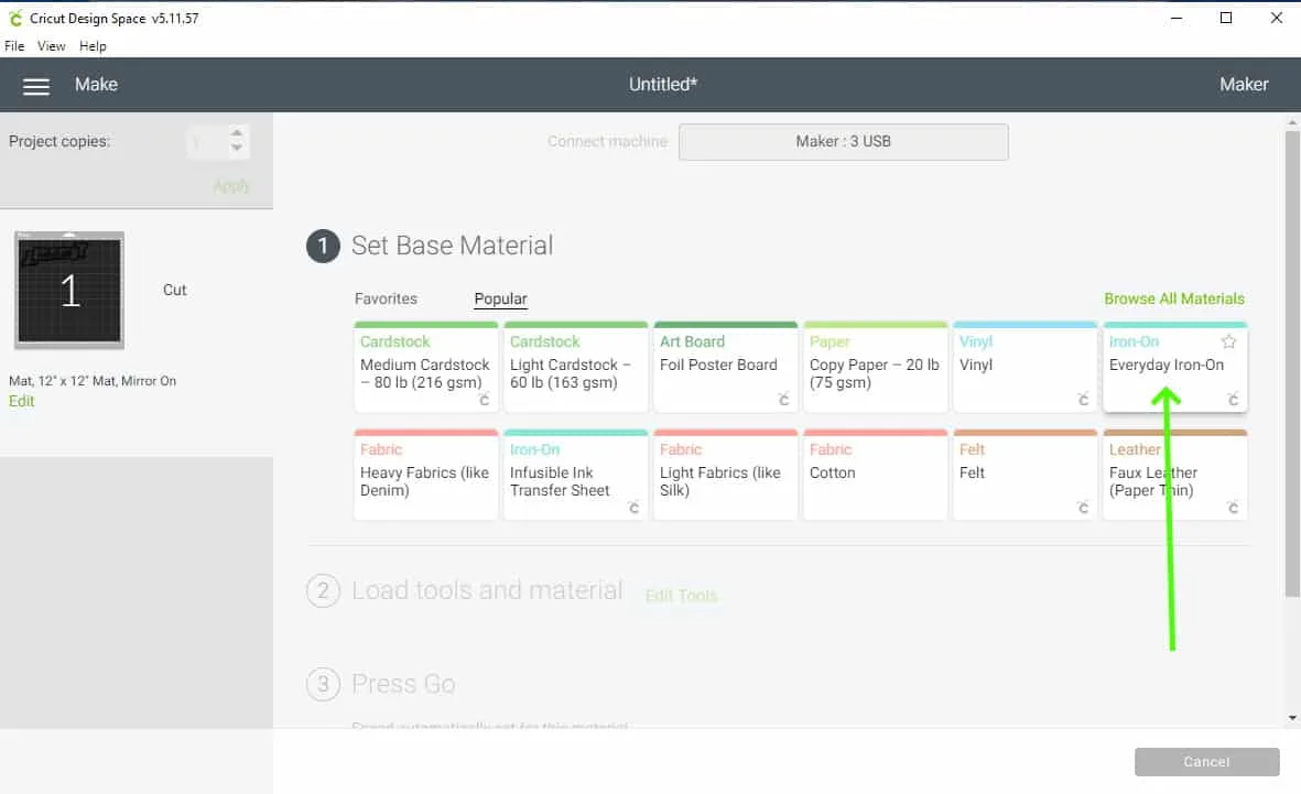 selecting the material from the materials list