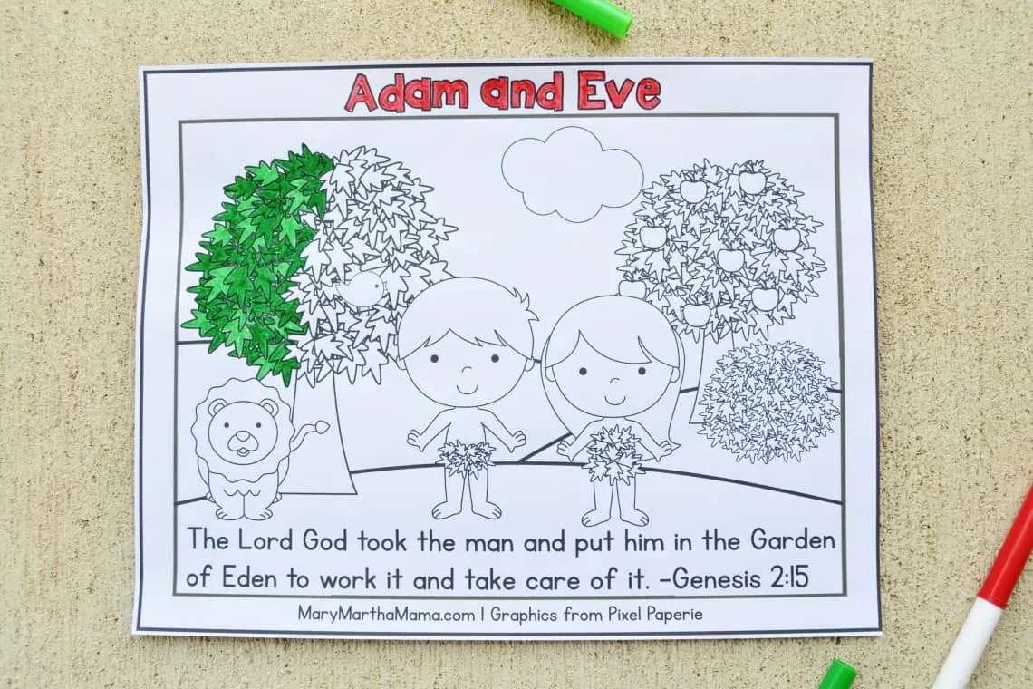 Adam and Eve coloring page partly colored in