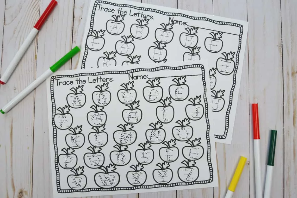 apple themed upper case letter tracing worksheets