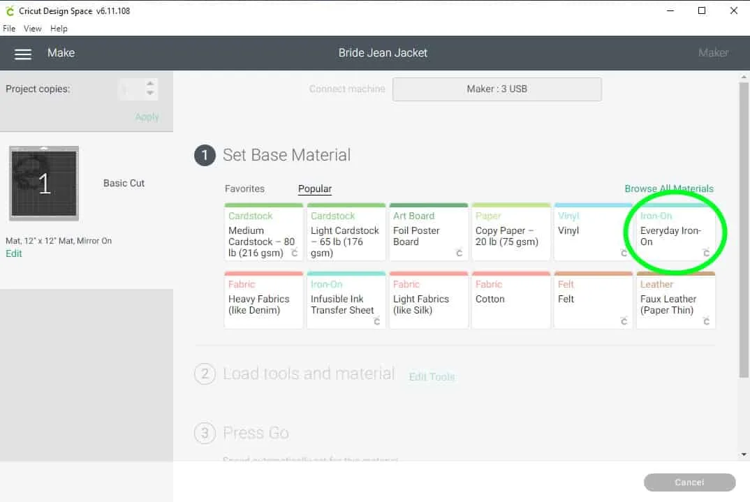 selecting your material in Design Space