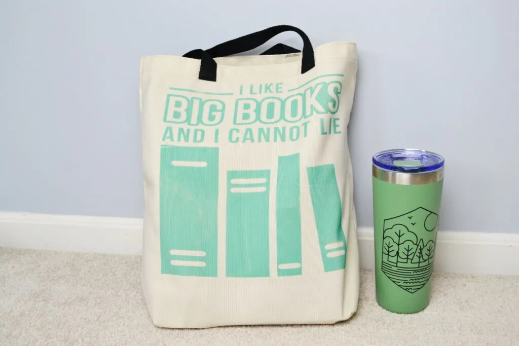 personalized book tote with a mug