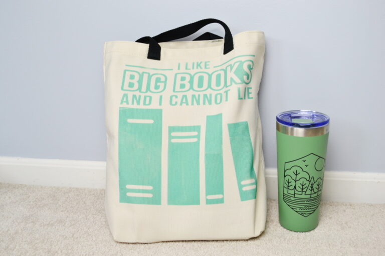 personalized book tote with a mug
