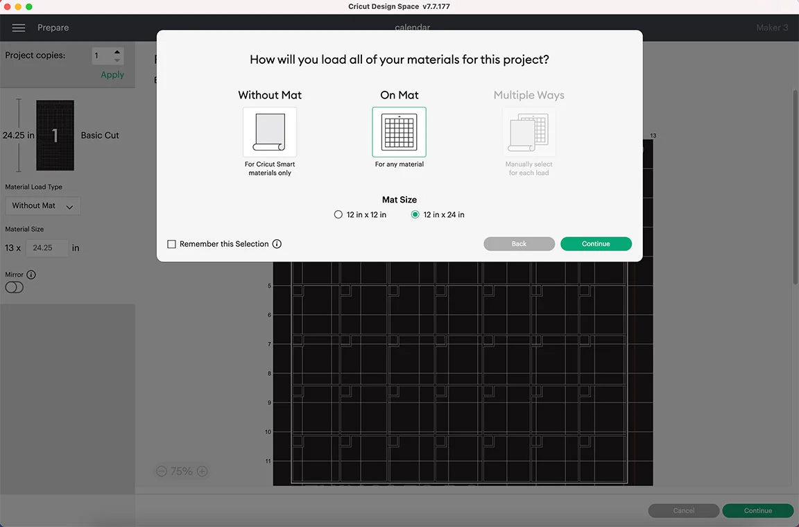 selecting mat in Design Space