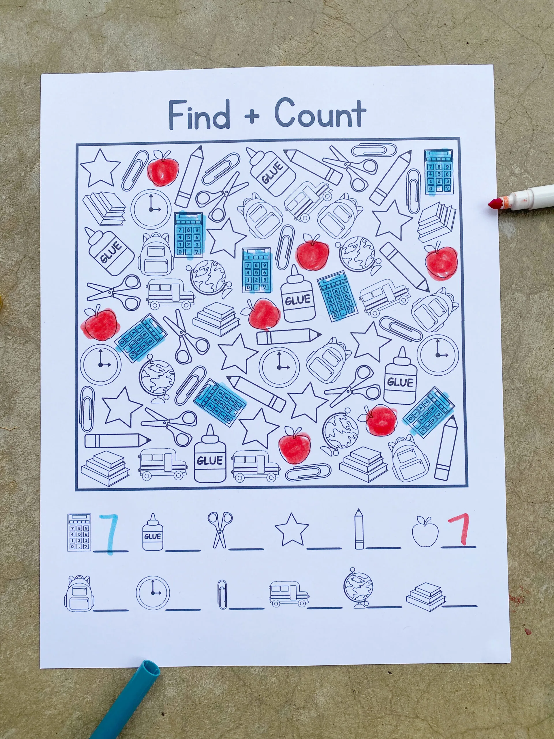 back to school find and count activity colored in