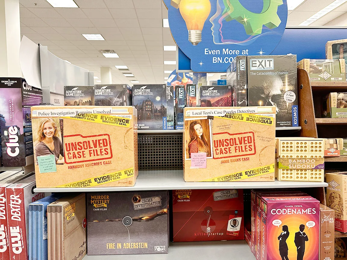 murder mystery games on shelf in barnes and noble