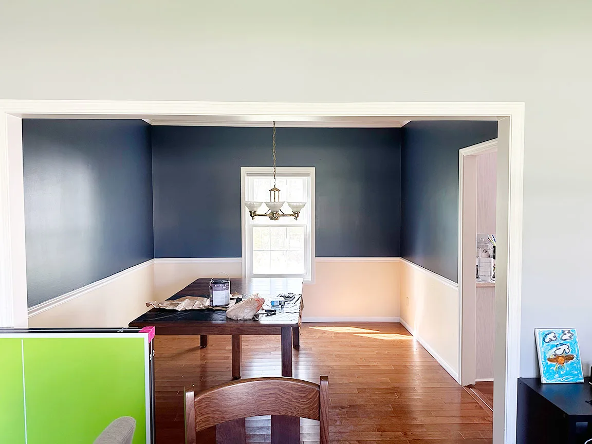 dining room progress of top of walls painted