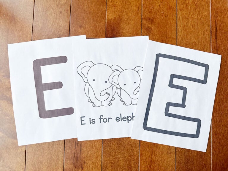 letter E printables on a wooden background