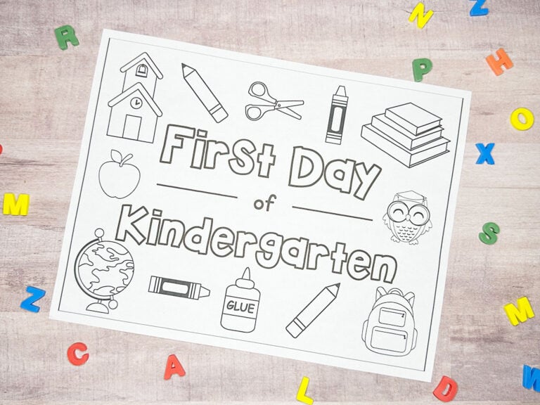 first day of kindergarten coloring page sitting on a table with eraser letters