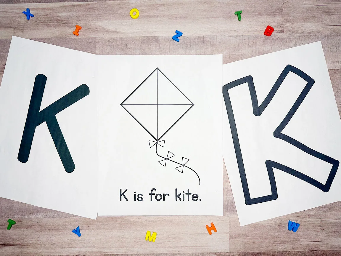 letter k printable pdfs on a table with letter erasers