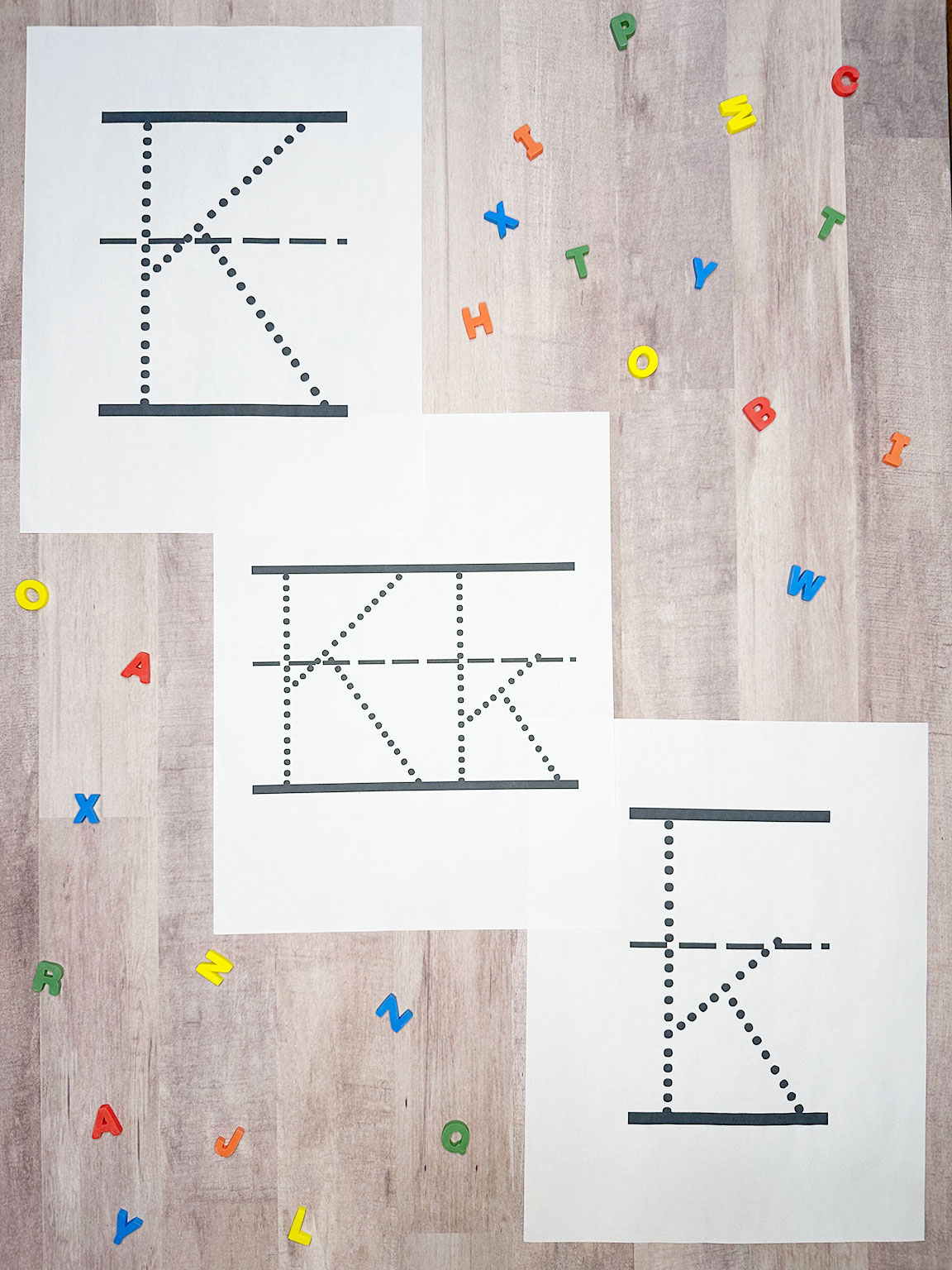 letter k tracing sheets on a table