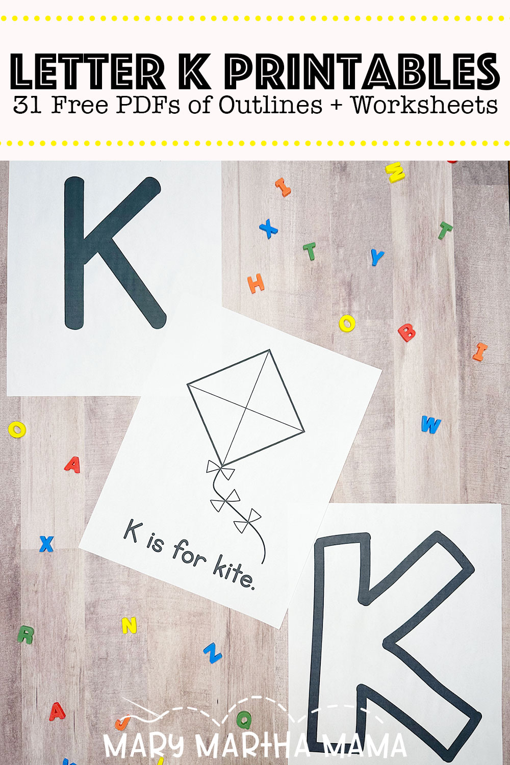 letter k printable pdfs on a table with letter erasers